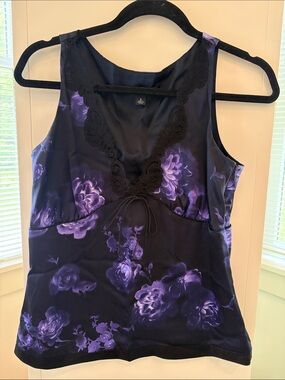 Banana Republic Black and Purple Floral Silk Tank Top